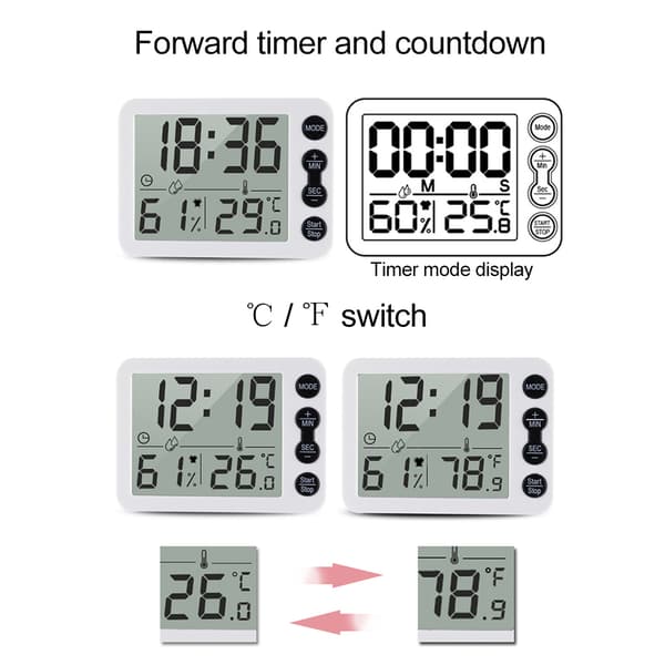 Digital Termometer Hygrometer Väckarklocka Timer Temperatur Luftfuktighetsmätare