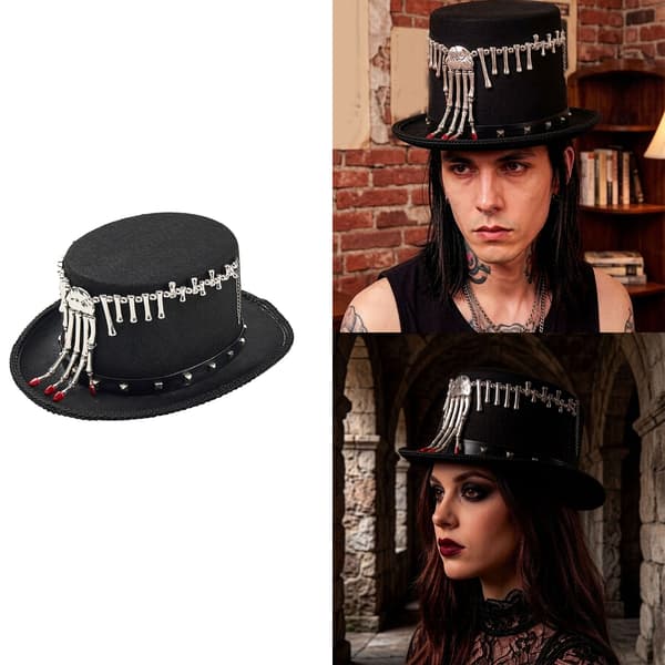 Stilfuld gotisk kostumehat i sort, brun, grå til cosplay-begivenhed