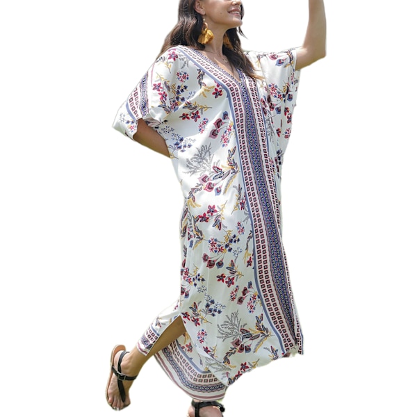 Kvinder Ferie Flagærme Tyrkisk Kaftan Boho Farverige Geometriske Blomstrede Trykte V-hals Badetøj Cover Up Oversized Løs Strand Maxi Kjole No 75 Red Flower