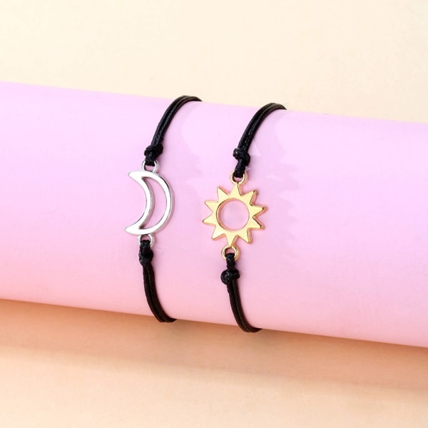 2 delar svarta strängkort armband legering sol-måne vax rep flätade armband för vänner par födelsedag julklapp