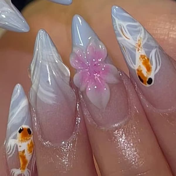 24-delt Press On Manicure Sæt Blå Gradient Fiskestil Blomster Neglekunst