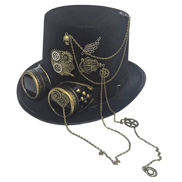 Hodeplagg i industriell stil med Steampunks urverksvingeaksenter