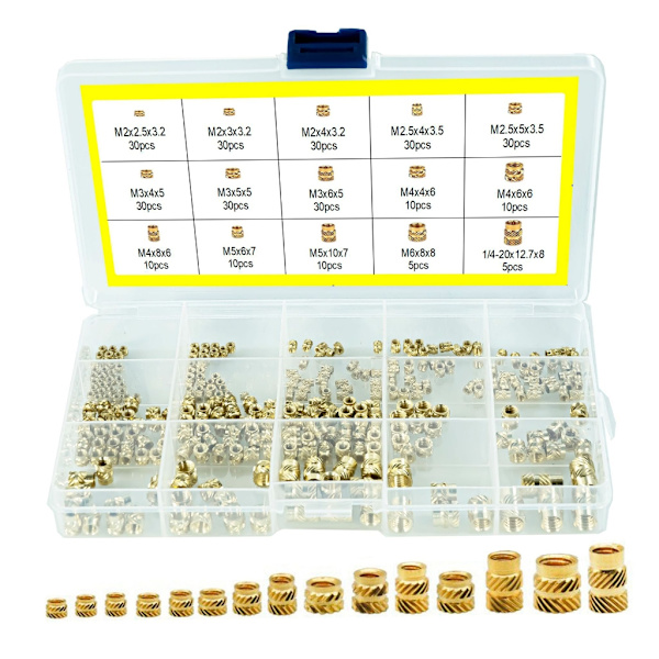 300 st gängade insatser 2/2,5/3/4/5/6 mm metriska räfflade muttrar Mässing inbäddningsmuttrar för utskrift av 3D-skrivardelar