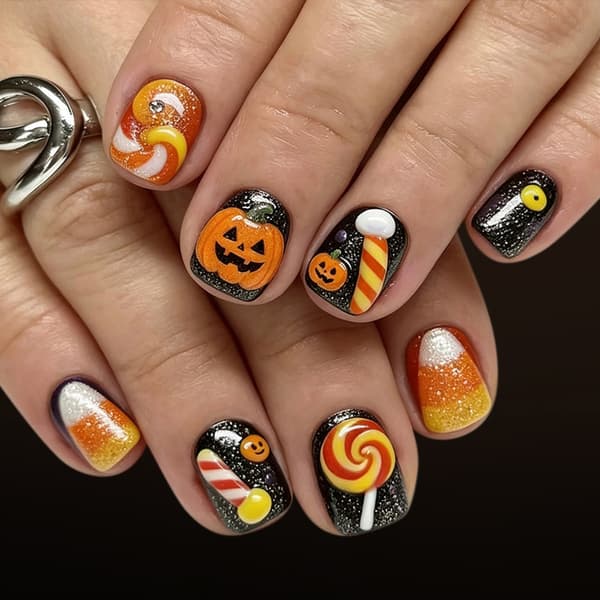 Halloween Press Ons Party Style Square Set med pumpakonst redo