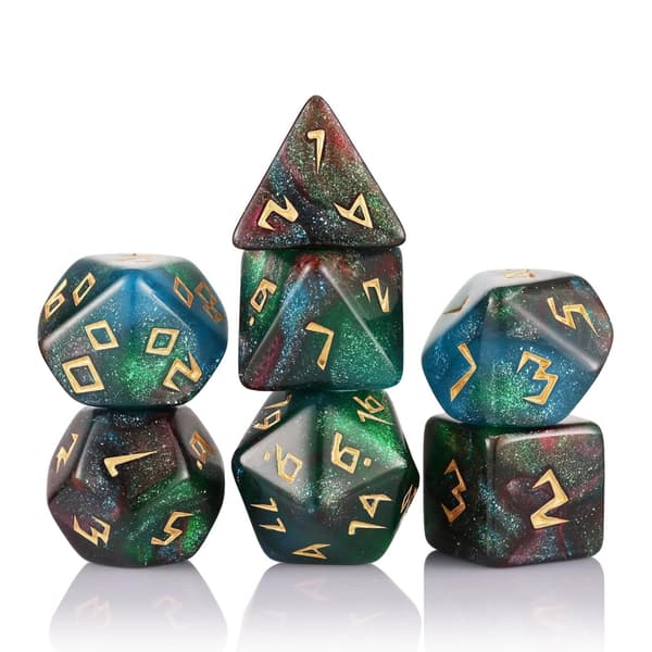 Flerfargede terninger, glitrende terninger for RPG og kasinospill, 7 stk./sett