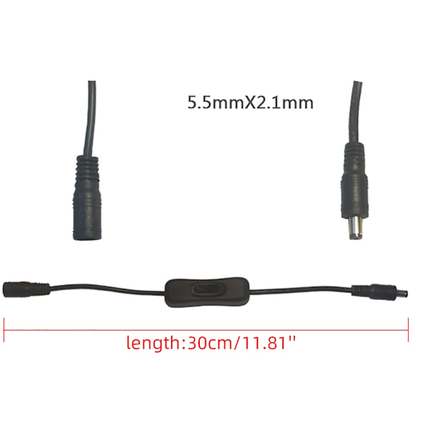 5,5 x 2,1 mm til 5,5 x 2,1 mm strømkabel med brytere hunn til hann for CCTV, sikkerhetskameraer, skjerm, LED-skilt White