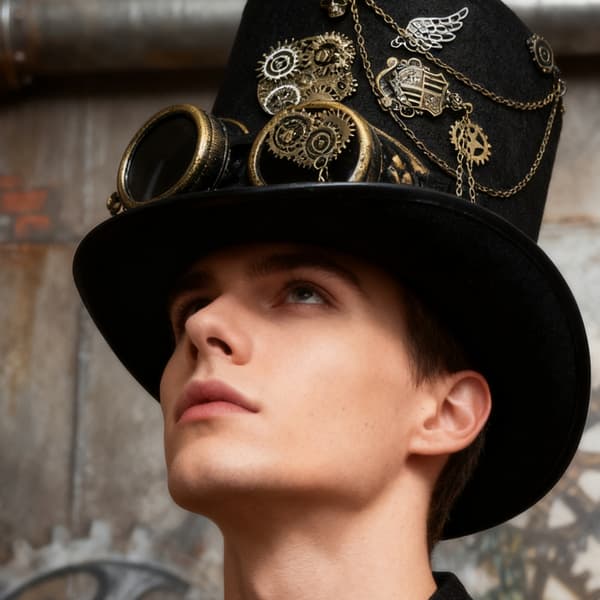 Hodeplagg i industriell stil med Steampunks urverksvingeaksenter