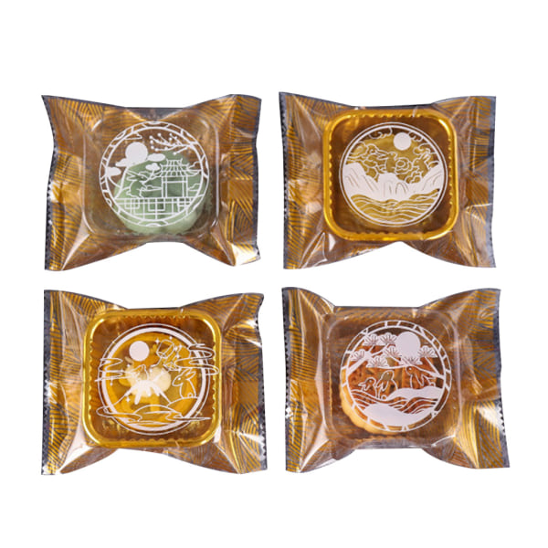 100x Mooncake laukku Muovinen läpinäkyvä karkkikeksilahjapussi DIY Leivontaruokakassi Lotus Rabbit -kukkapistekuvioilla
