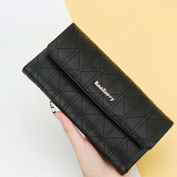 Snygg vadderad mjukt läder lång plånbok för kvinnor Clutch med myntpåse Black