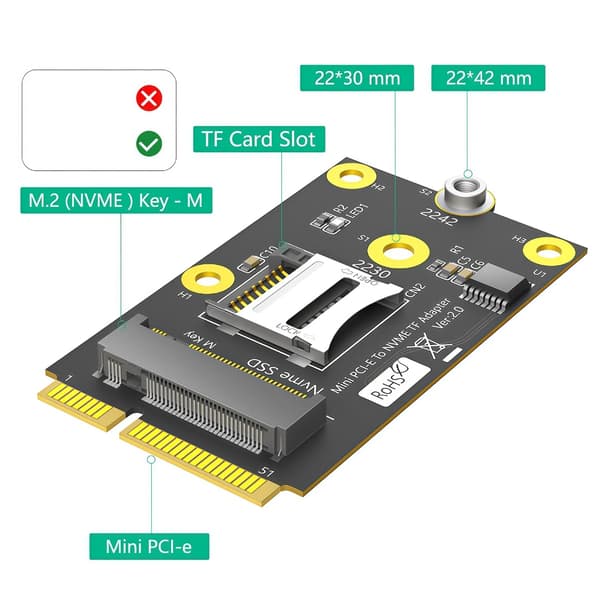 2 i 1 Mini PCIE til TF-kort USB2.0 og M.2 Key M-adapter Industriel