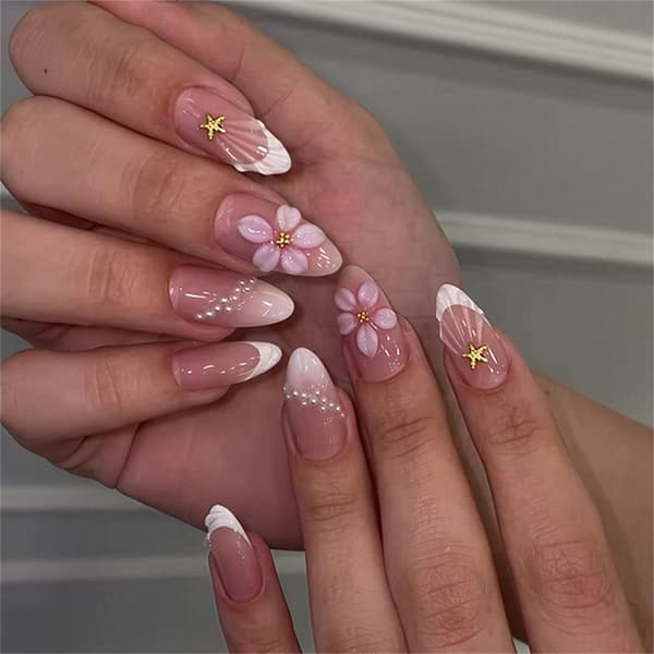 ABS Press On Manicure Pink Gradient 3D Blomst Fransk Kant Sæt