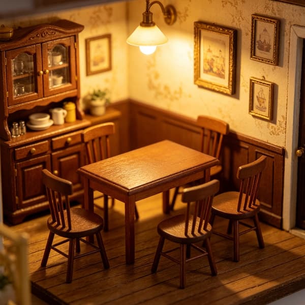 Klassisk træ spisebord og stol model figur til 1/12 skala dukkehus