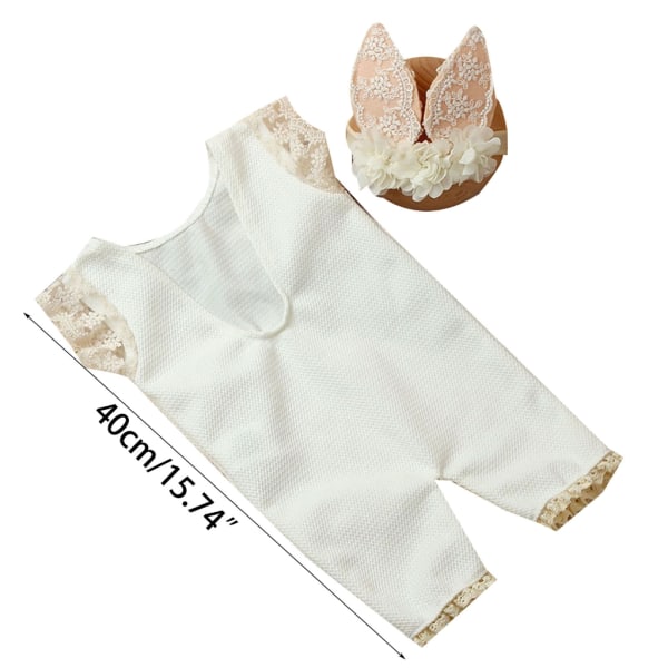 Baby Ärmlös jumpsuit Bunny Ear Pannband Nyfödd fotorekvisita Endelad spetsbyxa Hudvänlig outfit