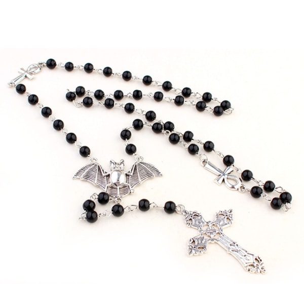 Vampire Ankh Cross Black Beads Flaggermus Halskjede Gothic Long Beaded Halskjede Choker Gothic Smykker Gave for kvinner Menn