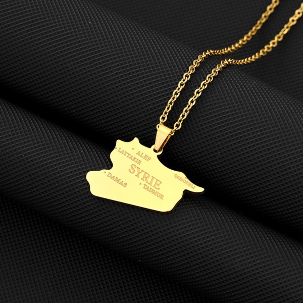 Syrien Karta Hänge Halsband Med Stadsnamn Rostfritt Stål Kontur Hänge Kedja Choker Smycken Syrians Symbol Halsband Gold