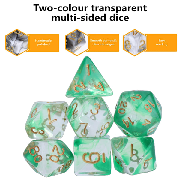 7 stk polyhedral terninger flersidede akryl terninger fargerike gjennomsiktige spillterninger Green