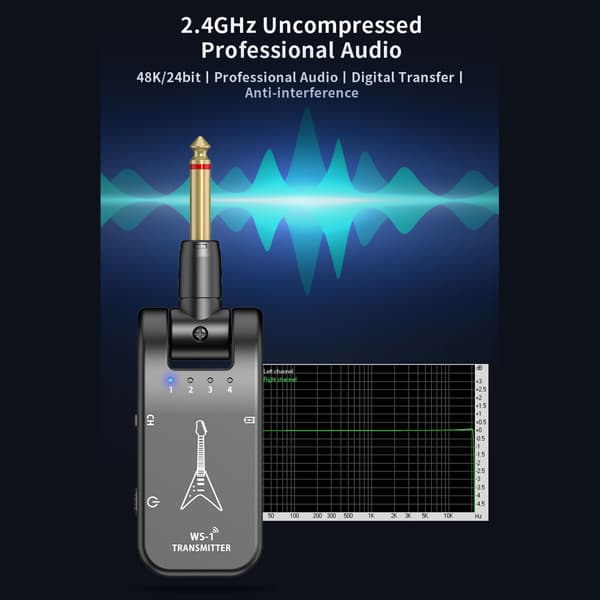 Trådløst elektrisk gitar system, oppladbart digitalt sender-mottaker Black