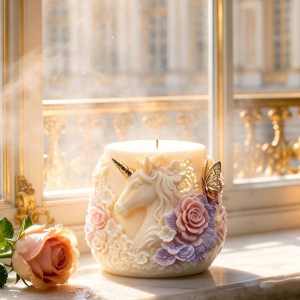 Ljusform med upphöjt karaktärsansikte och blomdetaljer