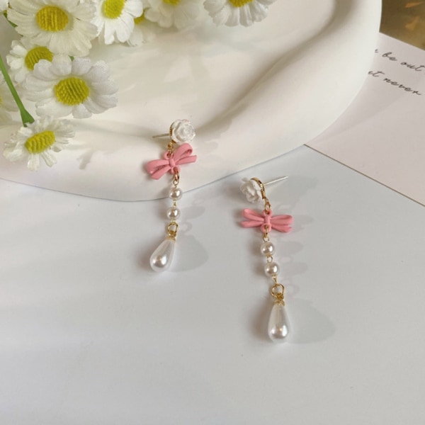 Överdriven Blomma Rosa Bowknot Pearl Tofs Drop Örhängen För Kvinnor Eleganta Långa Dingle Örhängen Bröllopsfest Smycken