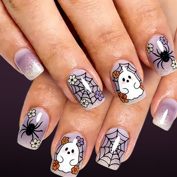 Web Flower Halloween Press On Manicure Sæt Lavendel Gradient