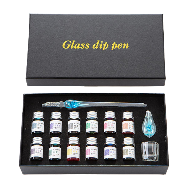 Set med glasdoppade pennor för nybörjare och konstnärer Handgjorda penn- och set med doppade glas i glas Färgad bläck Pennhållare Rengöring null - 2