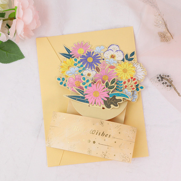 Färgglada blommor bukett tackkort för pop up födelsedagskort 3D handgjorda gratulationskort för kvinnor Mamma Mamma Fru Yellow