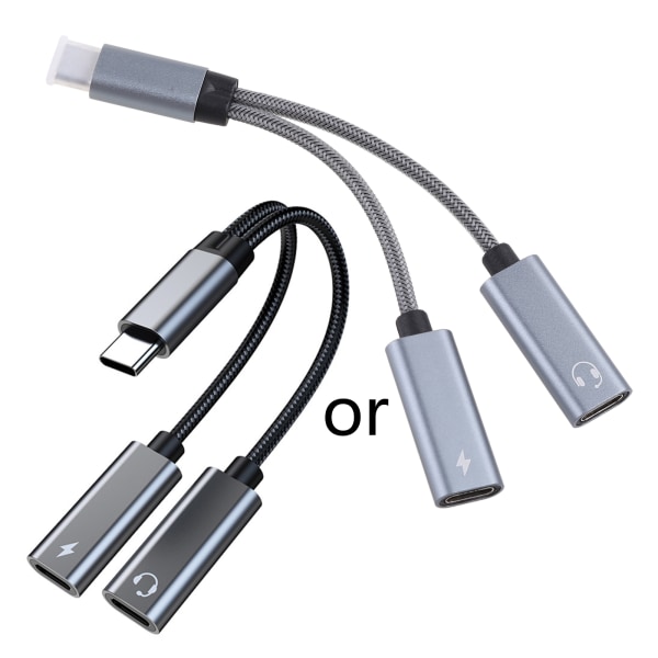 USB C Adapter 2 i 1 USB-C splitter med PD 60W snabbladdning Typ C till 2 Typ C kabel för smartphone Grey