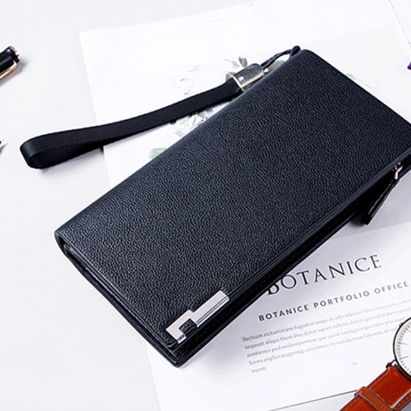 Business PU lær lang lommebok kredittkortholder Clutch bifold veske med glidelås for menn Black