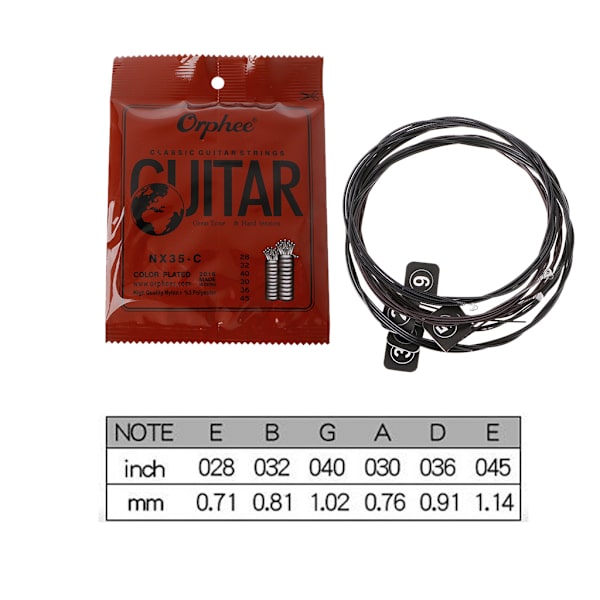 Orphee NX35-C 6-pack klassiska gitarrsträngar 028-045 tum nylonkärna stålpläterade