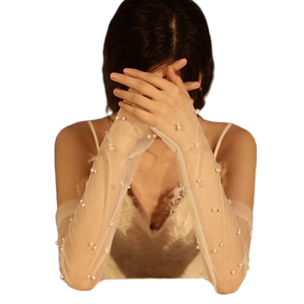 Kvinnor Bröllop Mesh Fingerless långa handskar imitation Pearl Beads Brud Arm Cover