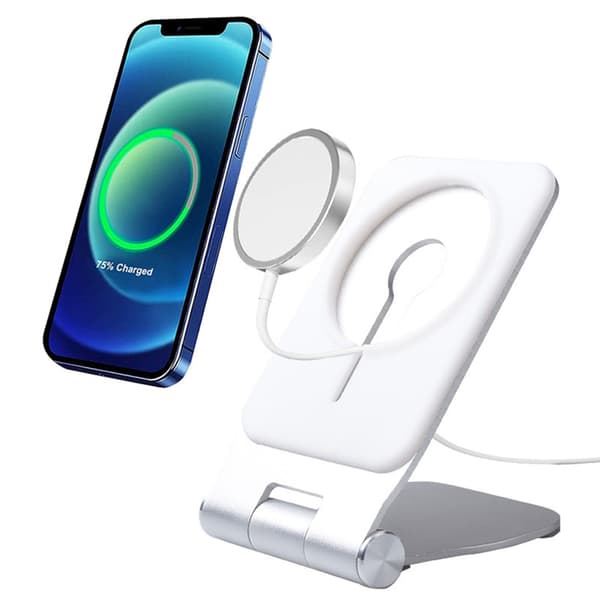 Solid telefonholder i aluminium med antiskli-base, perfekt for bruk på skrivebord og seng