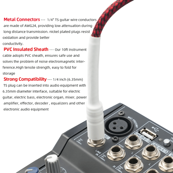 Gitarrkabel 6,35 mm 1/4'' Instrumentsladd för elektrisk mandolin 1-10m 1m