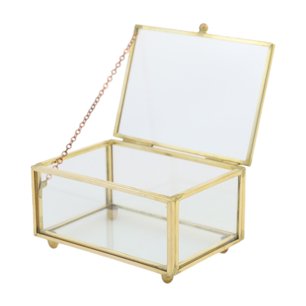 Vintage gyldent glas med låg æske Dekorative smykker Keepsake Display Organizer Klar rektangulære ringe Armbånd til etui