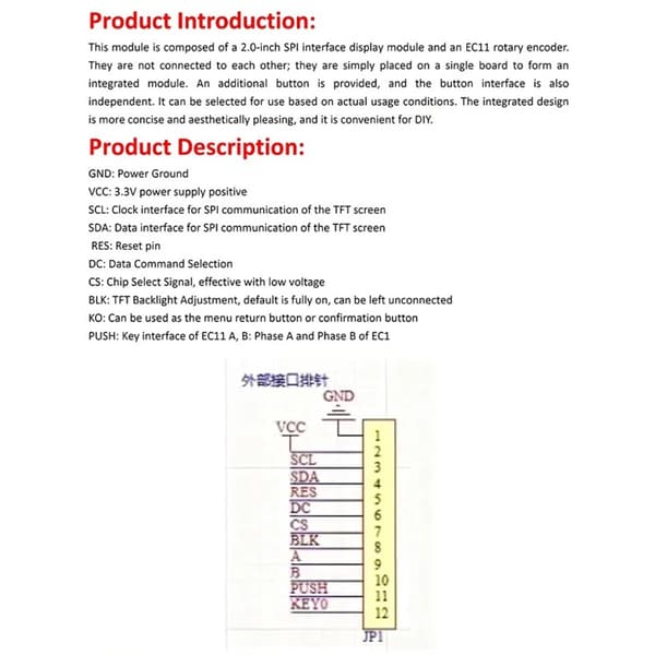 EC11 Rotary Encoding Integrert 2-tommers TFT LCD-skjermmodul IIC SPI