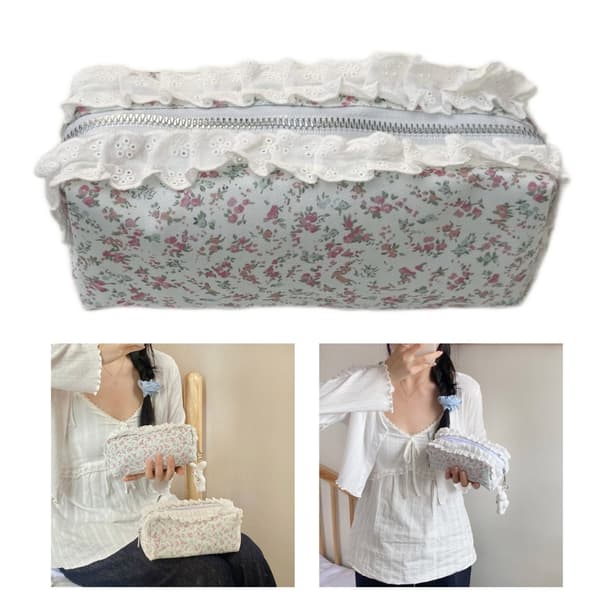 Elegant Blommig Broderi Pennfodral Rymlig Interiör Material Tillbehörsväska