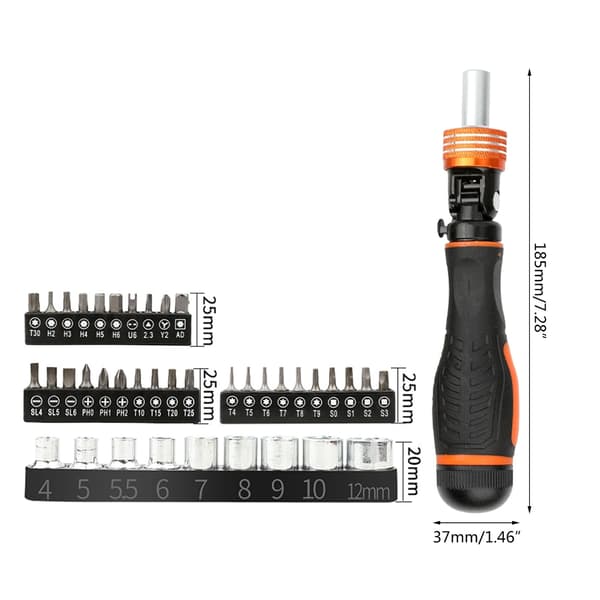 40-pack spärrskruvmejsel med magnetiska bits, ergonomisk design