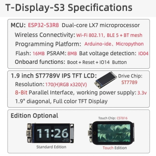 T-Display LCD ESP32 Display Development Board ST7789 1,91 tums LCD-skärm null - A