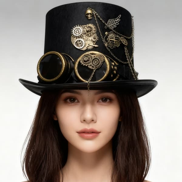 Hodeplagg i industriell stil med Steampunks urverksvingeaksenter