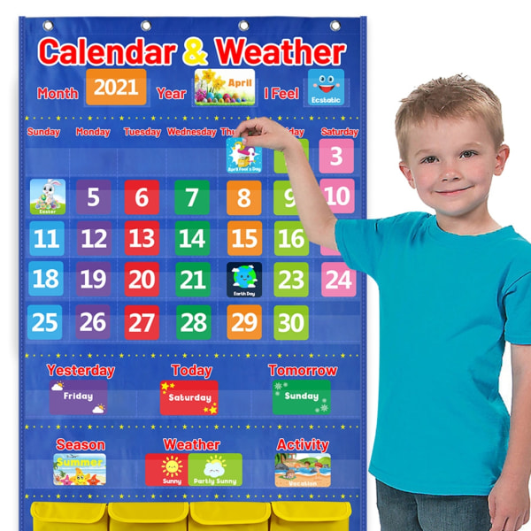 Kalenteri ja säätaskukaavio 114 kortin luokkahuoneen kuukausikalenterilla Blue