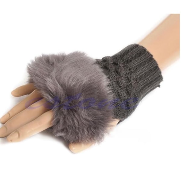 Mode Vinter Arm Warmer Fingerless Handskar Stickad Päls Trim Handskar Vante Hot Dark Grey