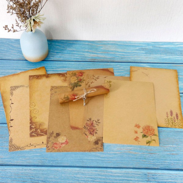 8 stycken Kraft skrivpapper 8 mönster Vintage blommor skrivpapper Brunt A5 postpapper dubbelsidigt Style 3