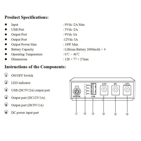 USB 5V2A 5,5x2,5mm 9V1A 12V1A UPS Batteribackup 10400mAh Litiumbatteri för LED-ljushögtalare WiFi Router null - A