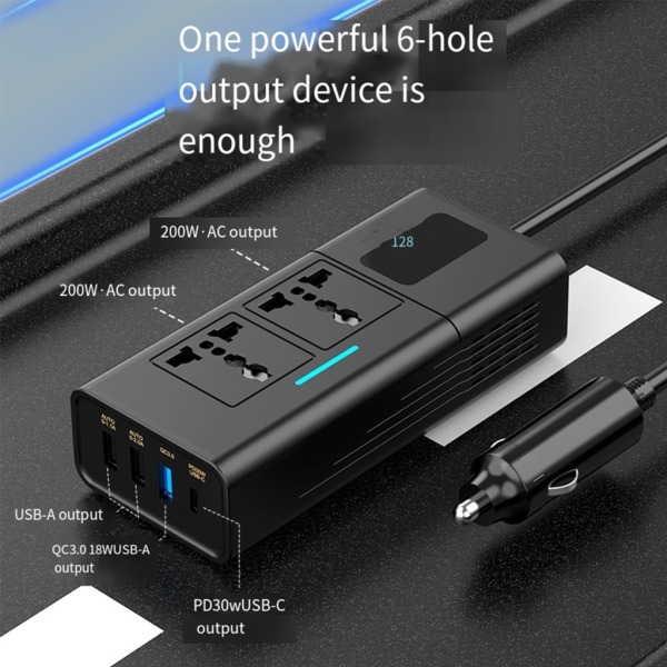 200W power , DC12V till 220V biluttagsadapter Kontaktadapterkonverterare med 4 USB portar Laddare för bärbar dator för bil