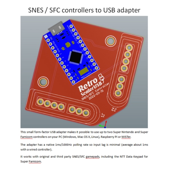 Handtag Joysticks USB Adapter Game Controller USB Adapter för Raspberry-Pi/Mister-FPGA/PC för SNES-SFC