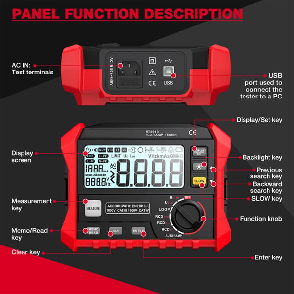 Lækageafbrydertester LCD-display 1000 datalagring Automatisk slukning