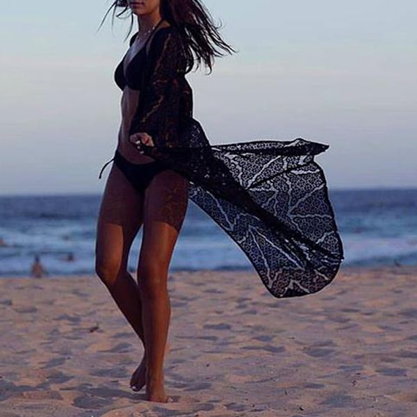 Kvinder Lang Hækle Strand Badetøj Bikini Cover Up Robe Blonder Cardigan Slim Hul Black