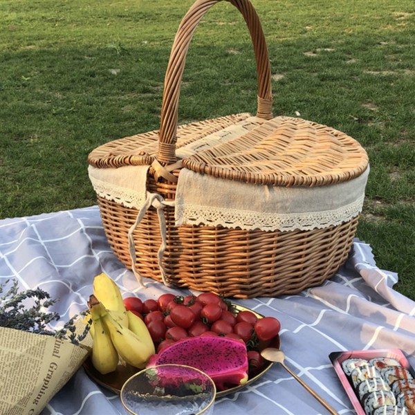 Utomhus picknickkorg lantlig handvävd korg med lock och handtag