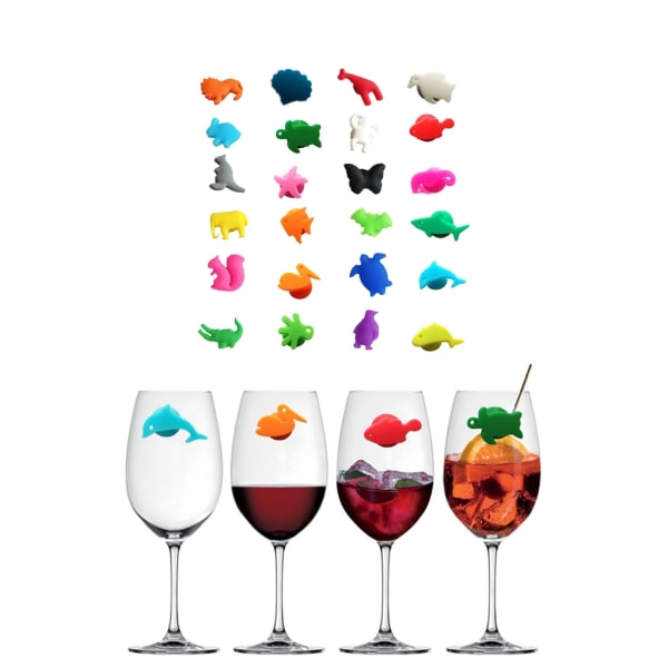 Vinglasmarkörer Set med 24 marina landdjur Silikon Drinkglas Berlocker Taggar Identifieringskopp Etiketter Skyltar för festbartillbehör