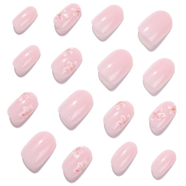 Press On Manicure Sæt Korte Runde Blomster Accent Lyse Rosa Stykker