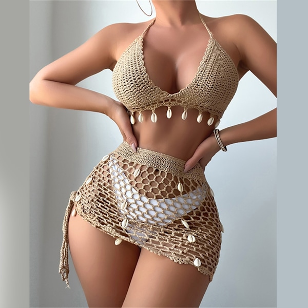 Naisten 2-osainen uimapuku simpukankuorilla Halter-bikinit sarja peitteen hameella Khaki L
